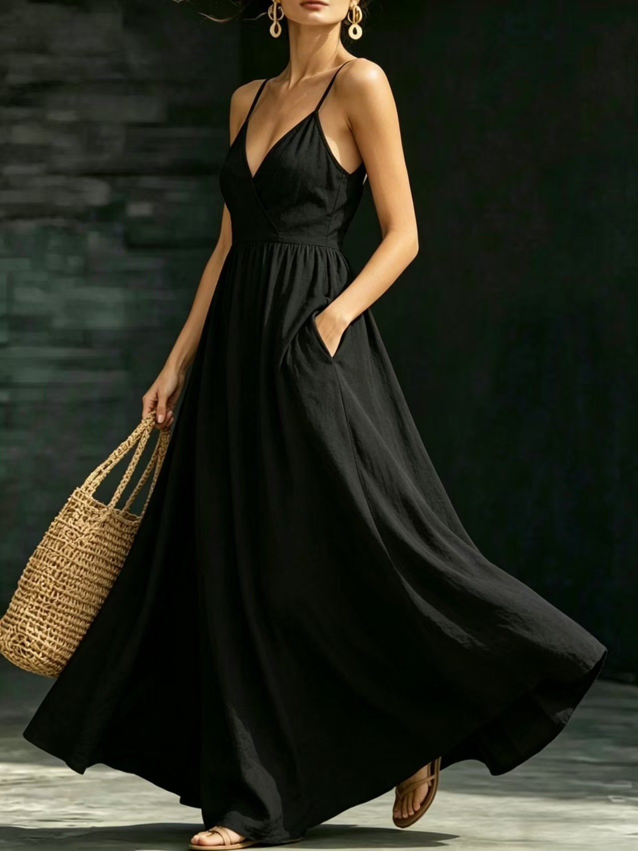 Summer V-Neck Spaghetti Strap Maxi Dress With Pockets - Image 4