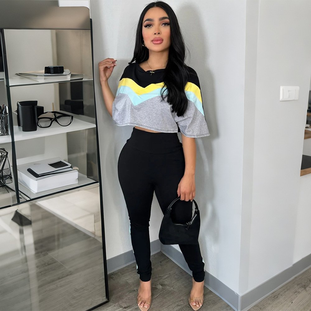 Color-block Crew-neck High-waisted Top And Pants Set - Image 5
