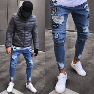 Men Ripped Denim Patch Jeans