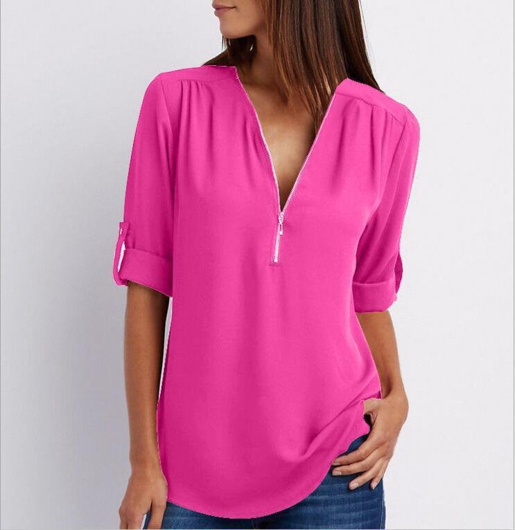 Zip V-neck Short Sleeve Top - Image 5