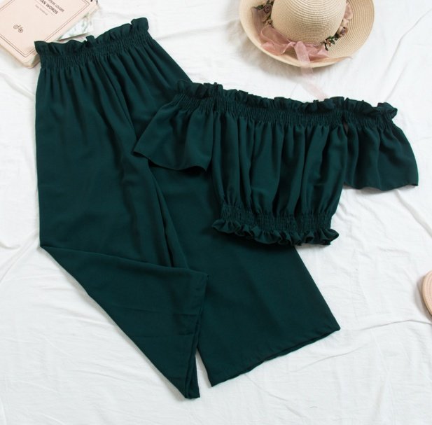 Sexy Two Piece Crop Top Loose Pants Set - Image 2