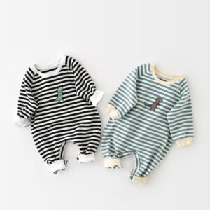 Baby Cartoon Striped Dinosaur Long-Sleeved Jumpsuit