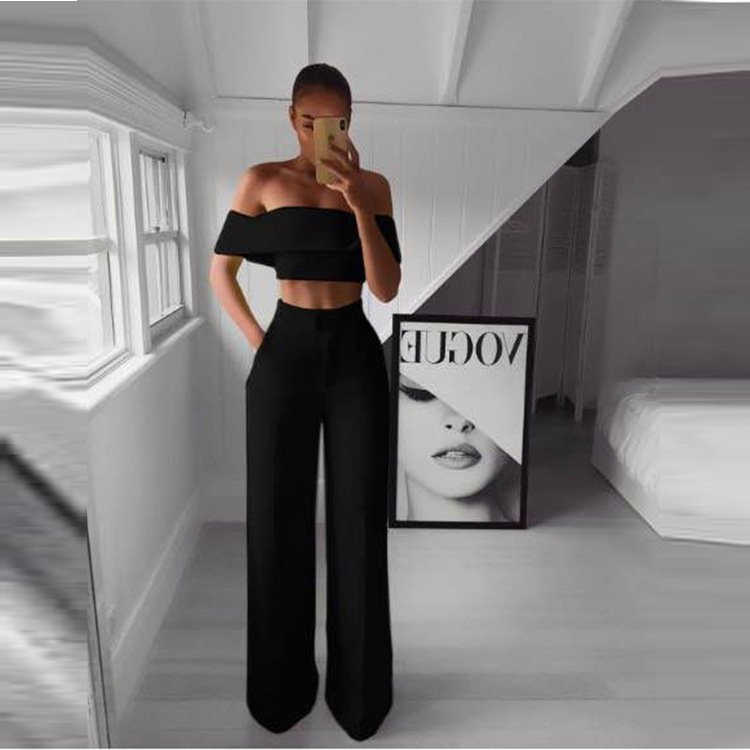 Women Strapless 2 Piece Wide Leg Pants Set