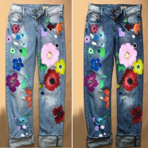 Ripped Printed Flower Denim Jeans