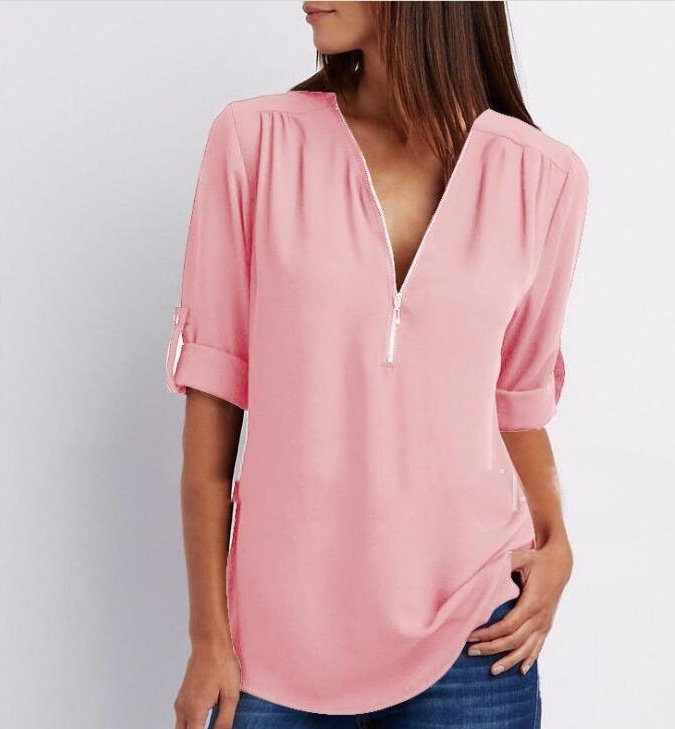 Zip V-neck Short Sleeve Top - Image 4