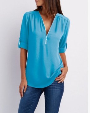 Zip V-neck Short Sleeve Top - Image 6