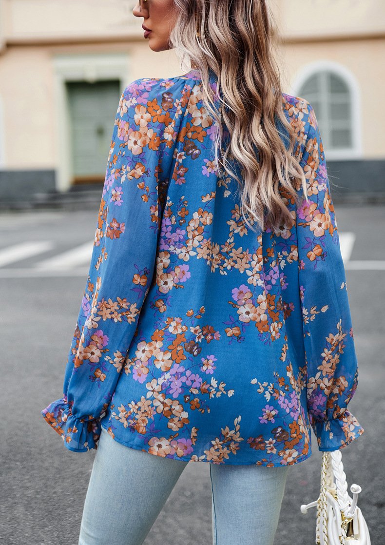 Floral Print V Neck Long Sleeve Blouse - Image 8