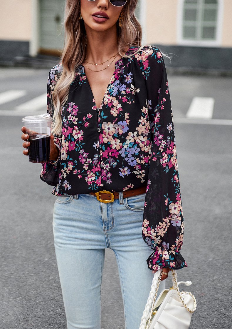 Floral Print V Neck Long Sleeve Blouse - Image 7