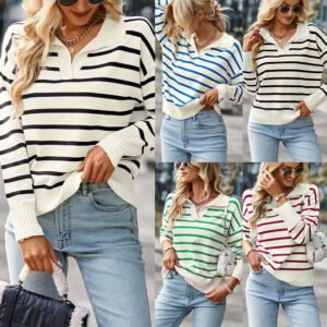Women Striped Long Sleeve Polo Sweater