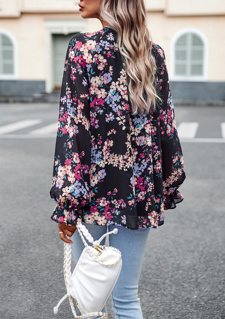 Floral Print V Neck Long Sleeve Blouse - Image 5