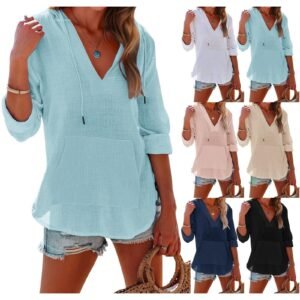 V-neck Hooded Shirt With Pockets