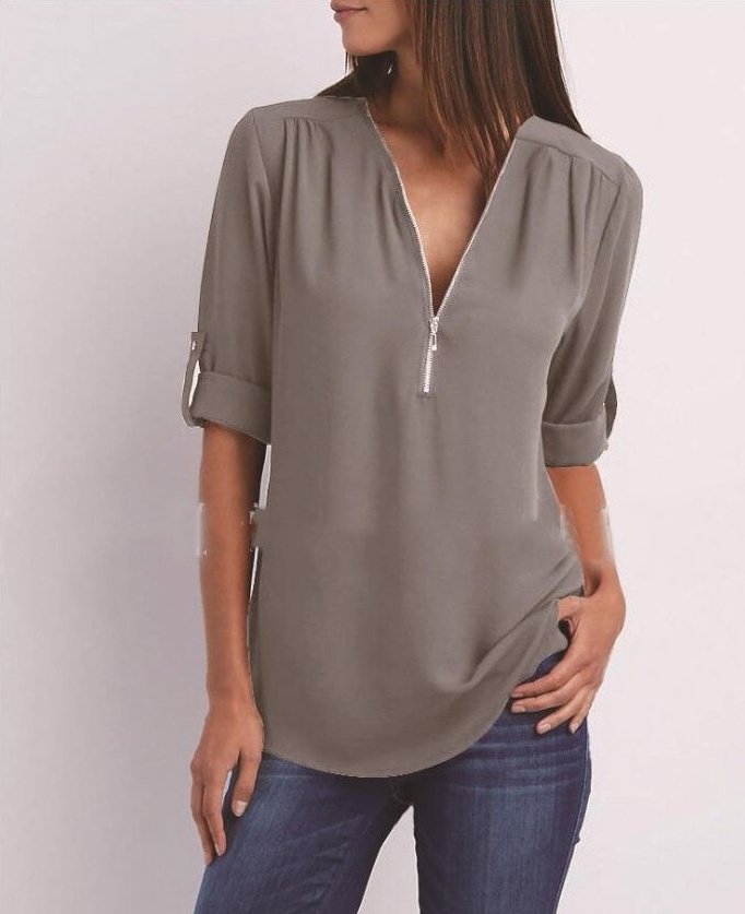 Zip V-neck Short Sleeve Top - Image 3