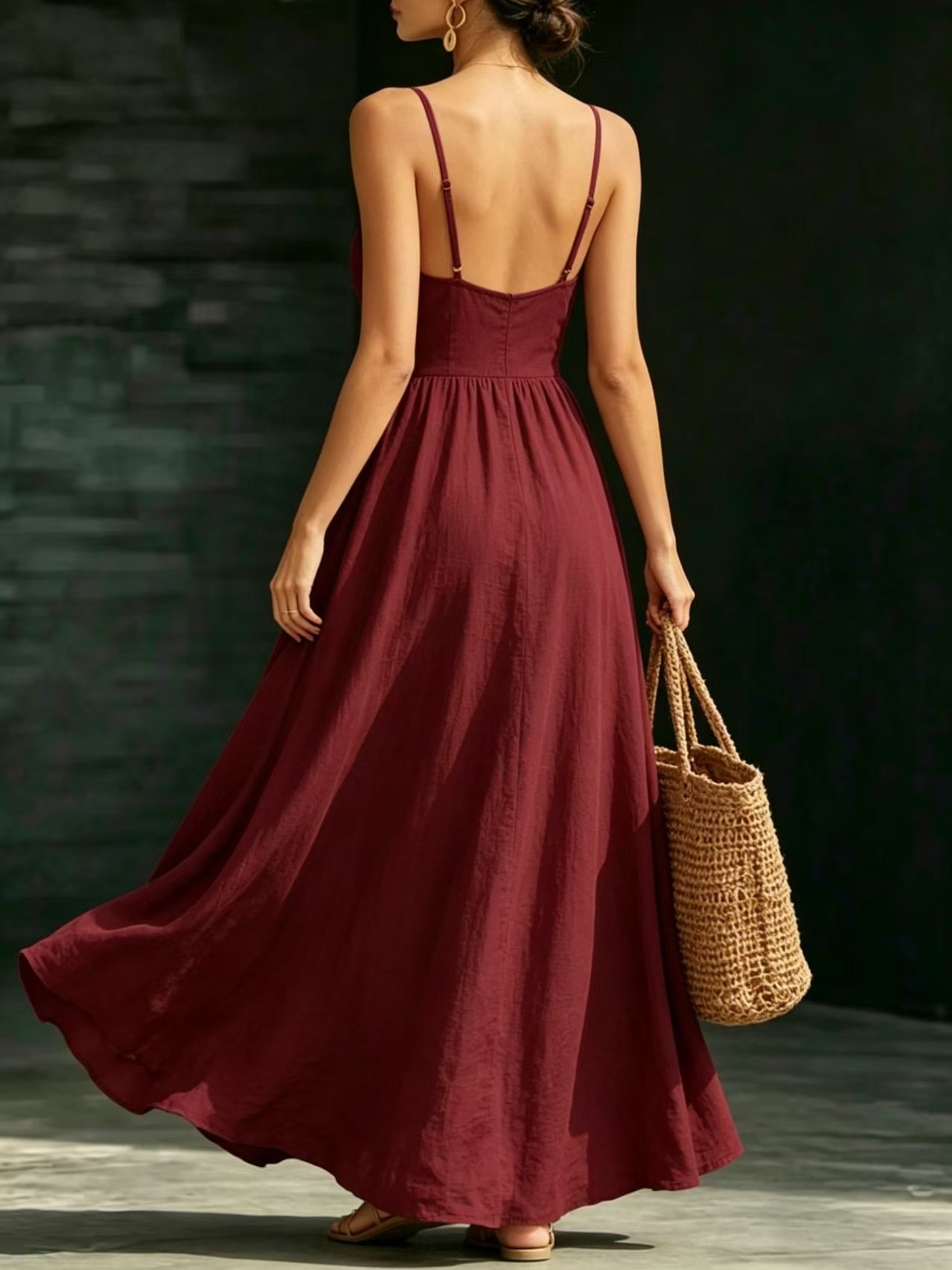 Summer V-Neck Spaghetti Strap Maxi Dress With Pockets - Image 9
