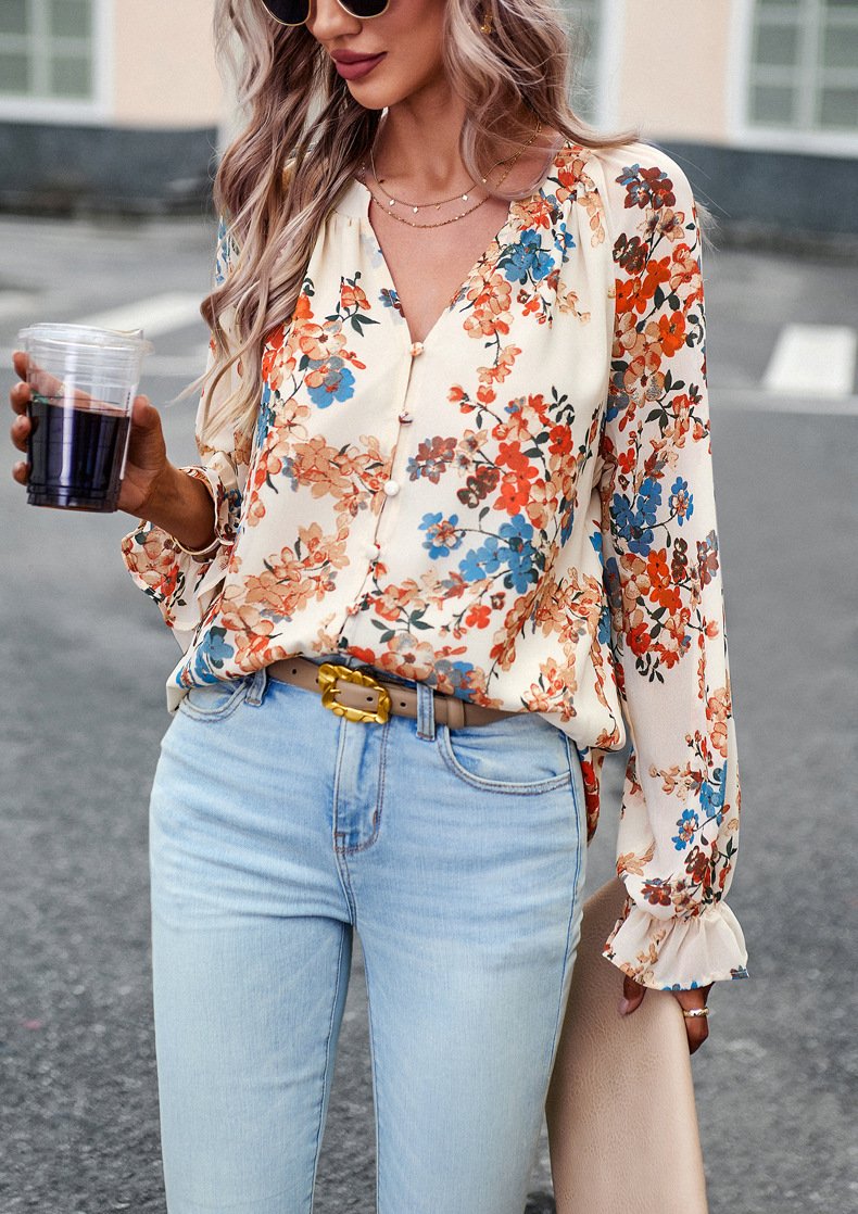 Floral Print V Neck Long Sleeve Blouse - Image 2