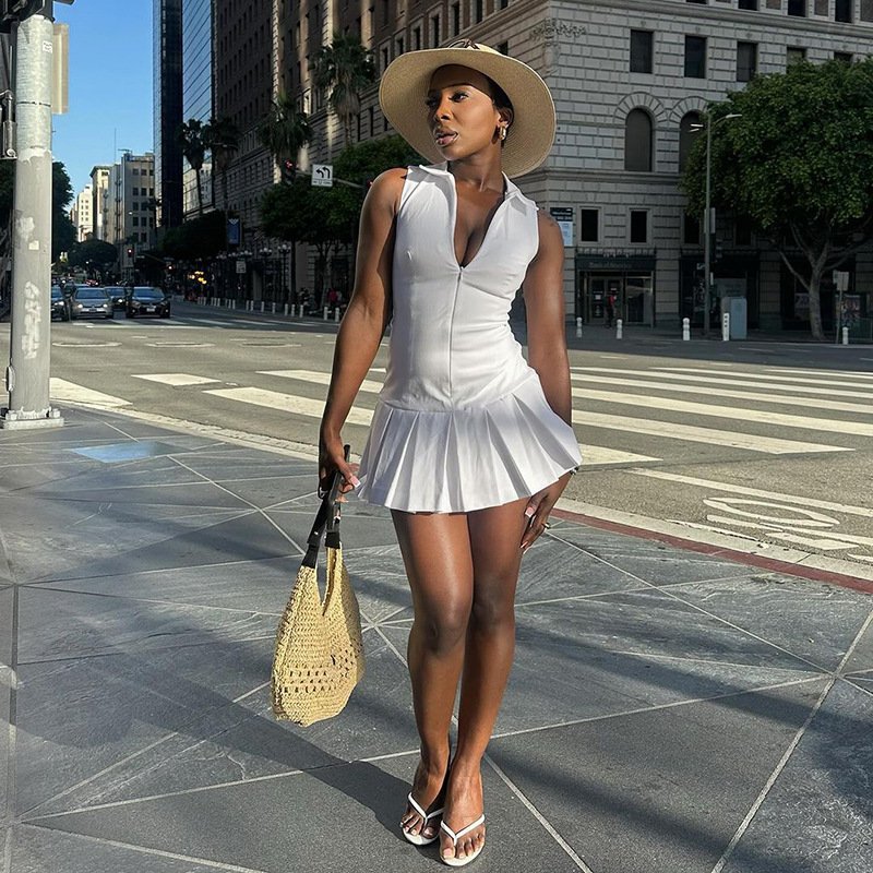 Women's V-neck Pleated Dress - Image 3