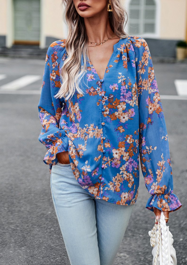 Floral Print V Neck Long Sleeve Blouse - Image 4