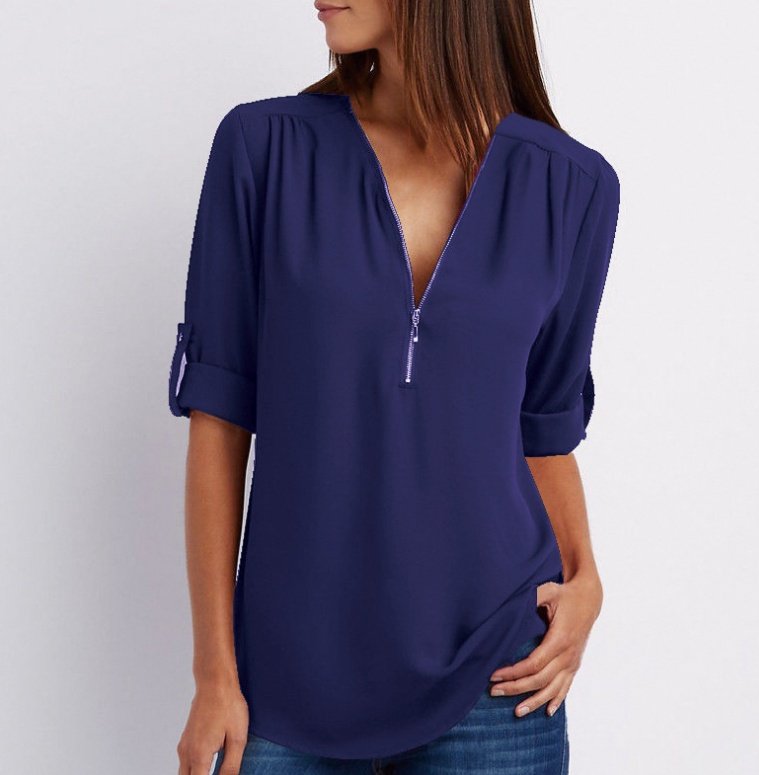 Zip V-neck Short Sleeve Top - Image 2