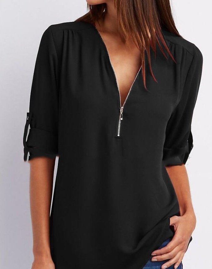 Zip V-neck Short Sleeve Top - Image 7
