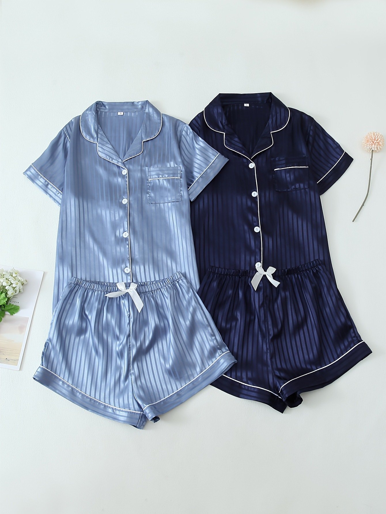 Women's Striped Satin Casual Pajama Set - Image 9