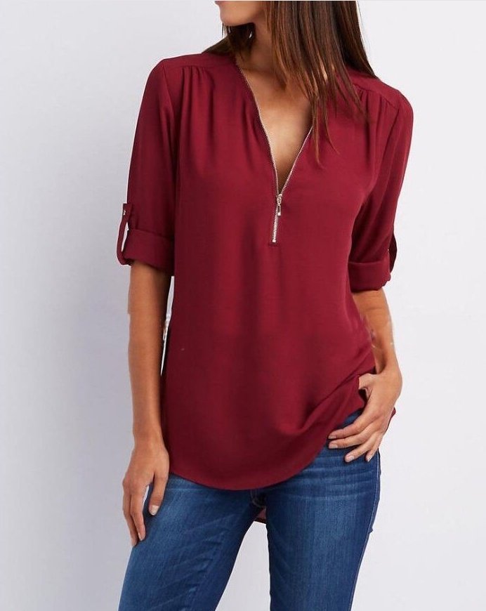 Zip V-neck Short Sleeve Top - Image 8