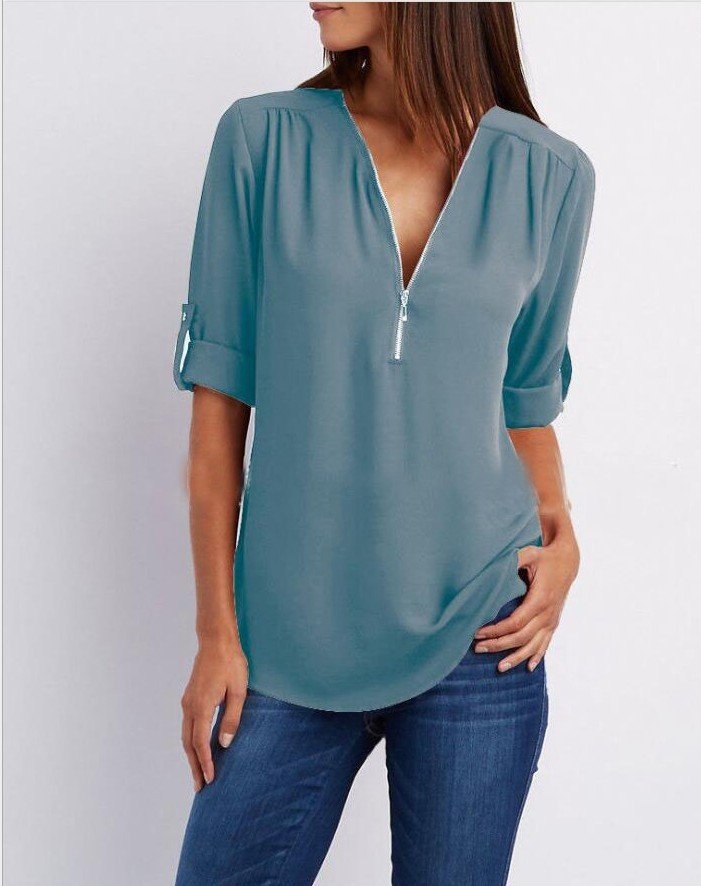 Zip V-neck Short Sleeve Top - Image 9