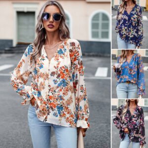 Floral Print V Neck Long Sleeve Blouse
