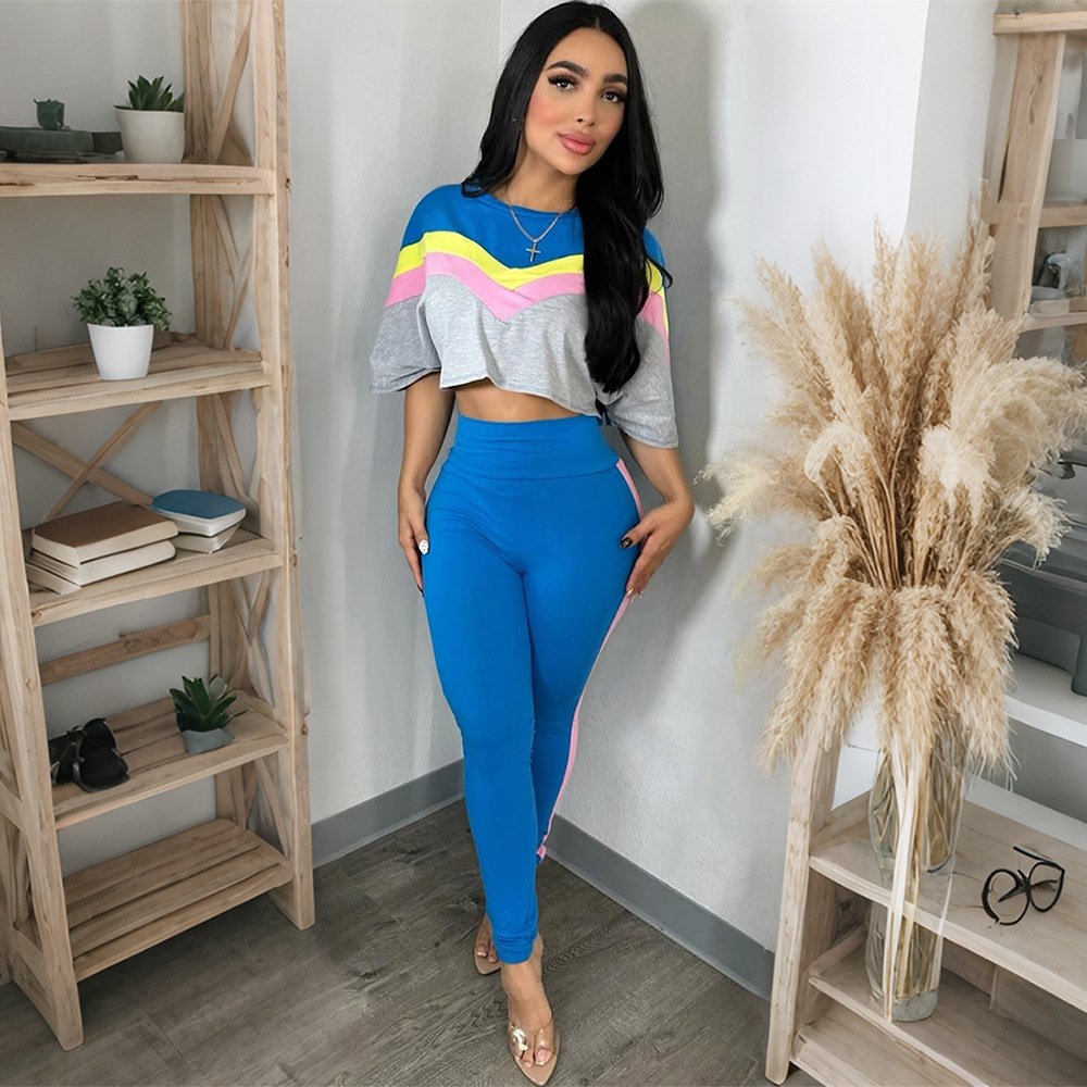 Color-block Crew-neck High-waisted Top And Pants Set