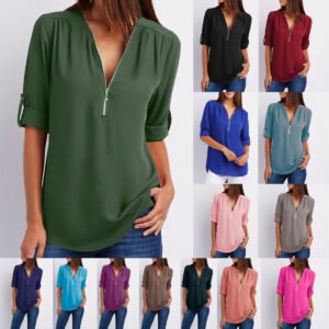 Zip V-neck Short Sleeve Top