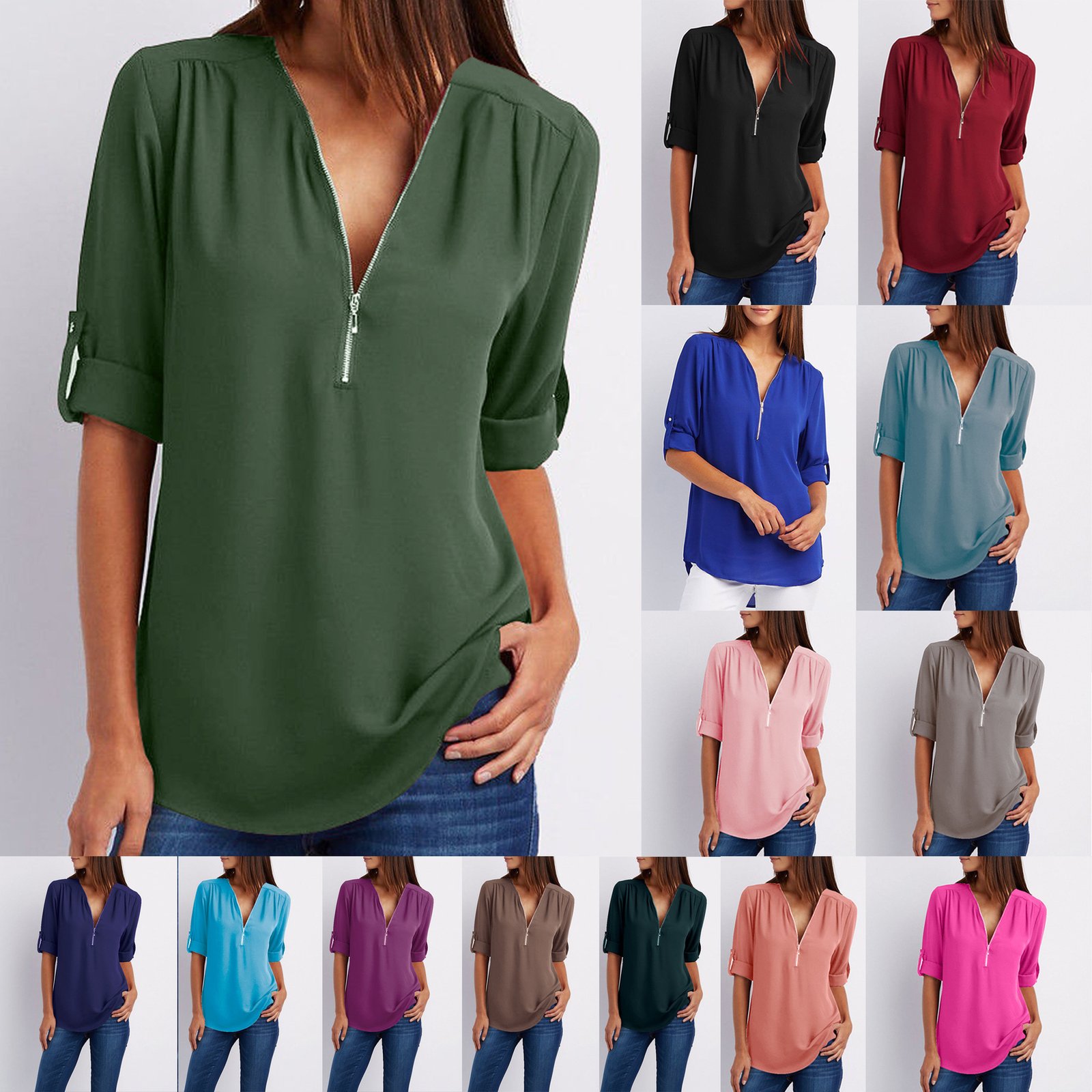 Zip V-neck Short Sleeve Top