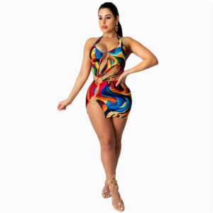 Multicolor Backless Halter Dress