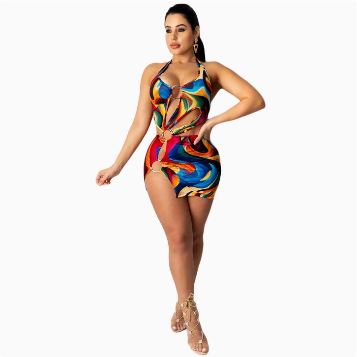 Multicolor Backless Halter Dress