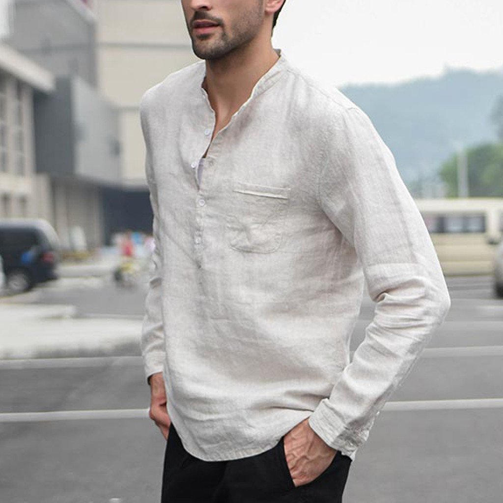 Men Vintage White Linen Shirt - Image 6