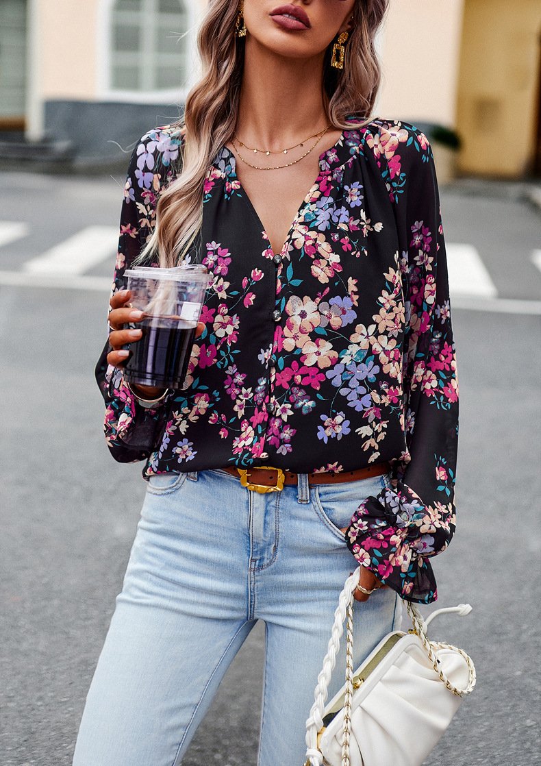 Floral Print V Neck Long Sleeve Blouse - Image 3