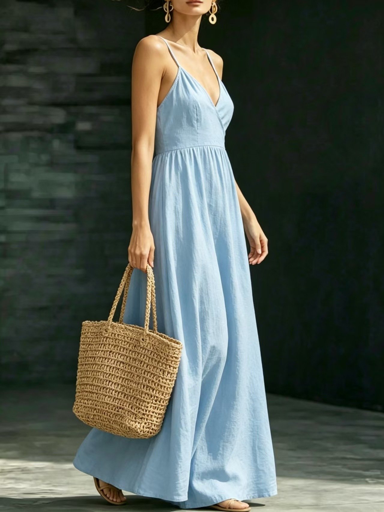 Summer V-Neck Spaghetti Strap Maxi Dress With Pockets - Image 7