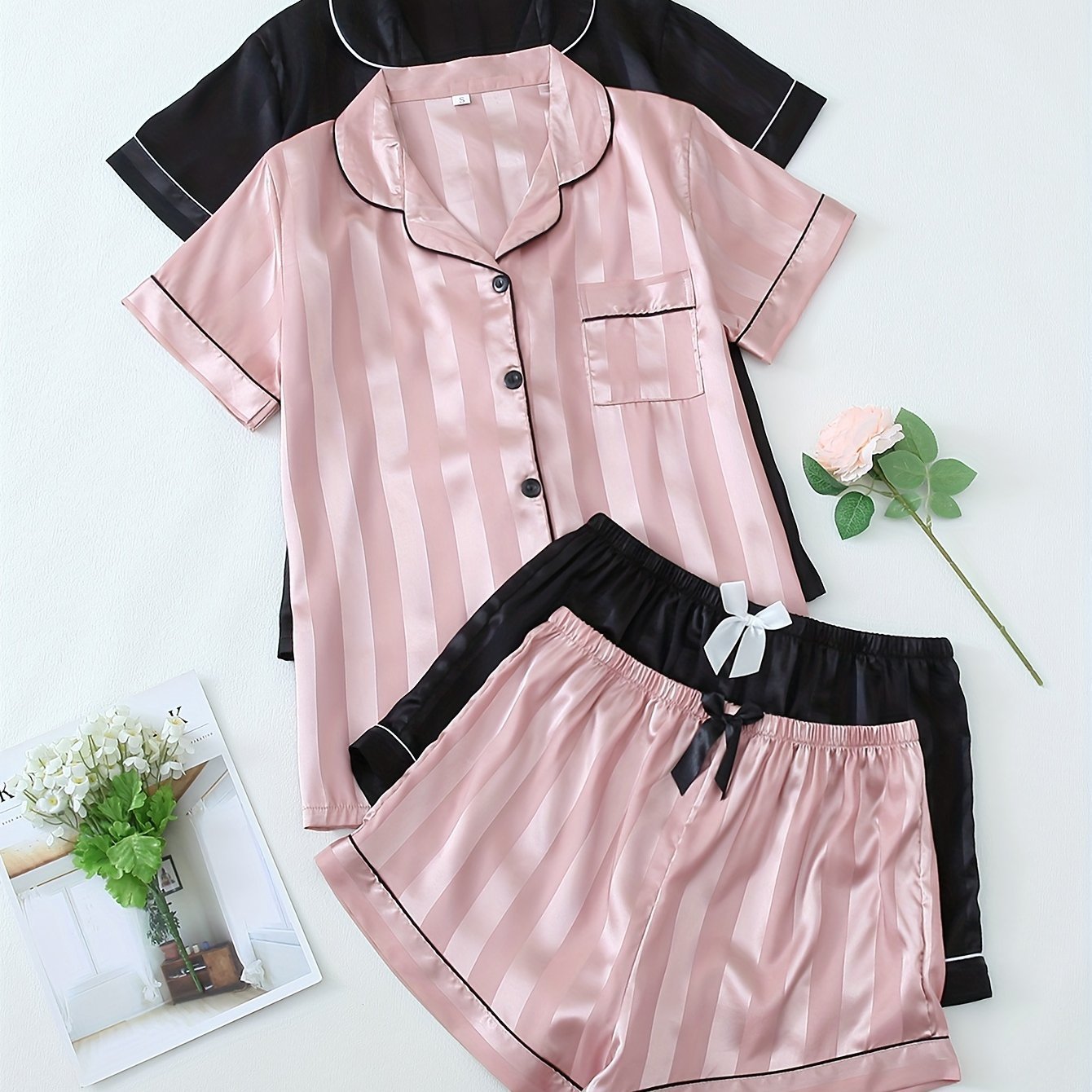 Women's Striped Satin Casual Pajama Set