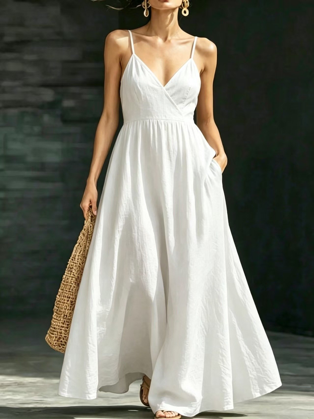 Summer V-Neck Spaghetti Strap Maxi Dress With Pockets - Image 8