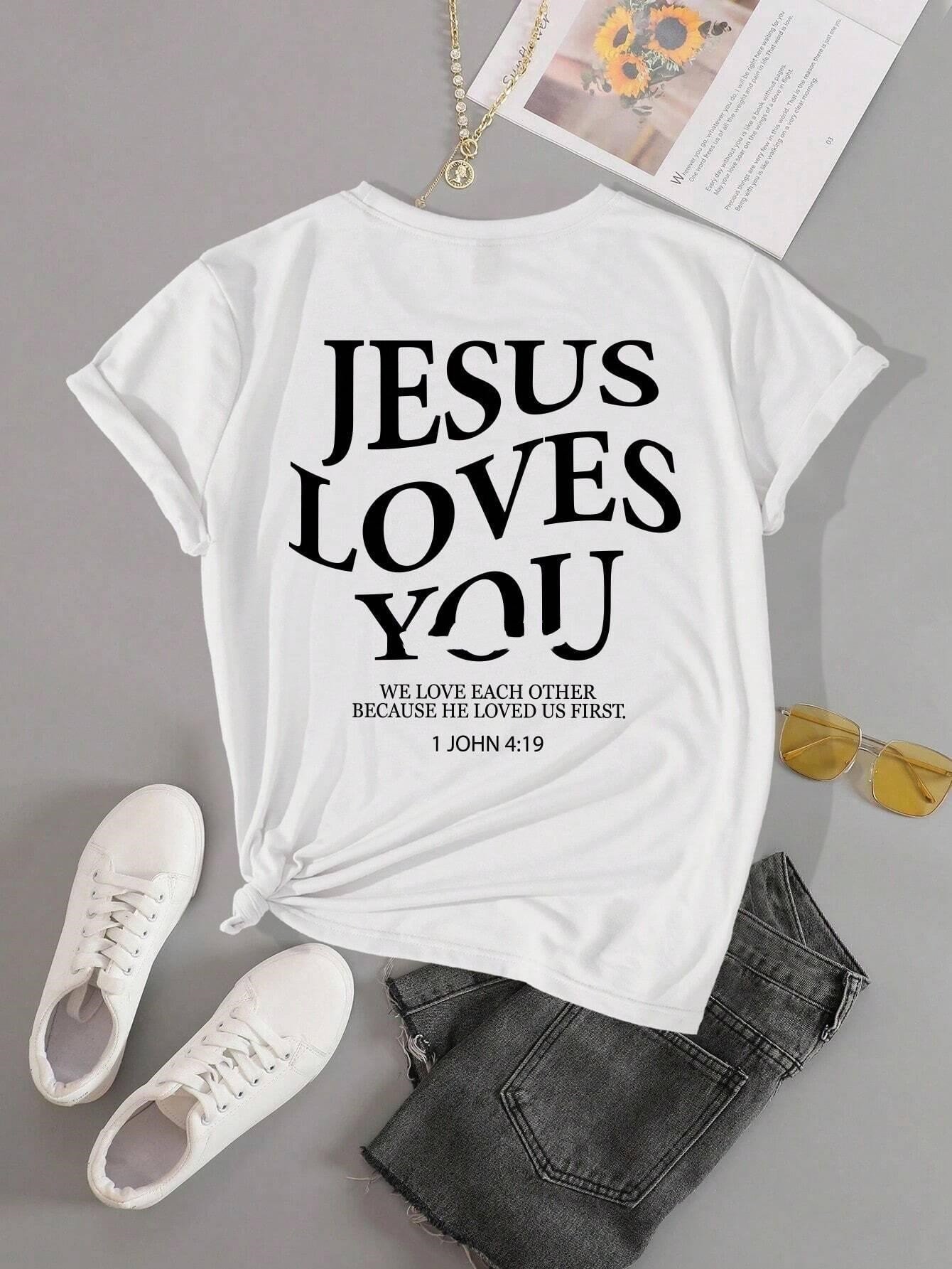 Jesus Loves You Letter Print T-Shirt - Image 2