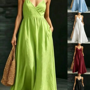 Summer V-Neck Spaghetti Strap Maxi Dress With Pockets