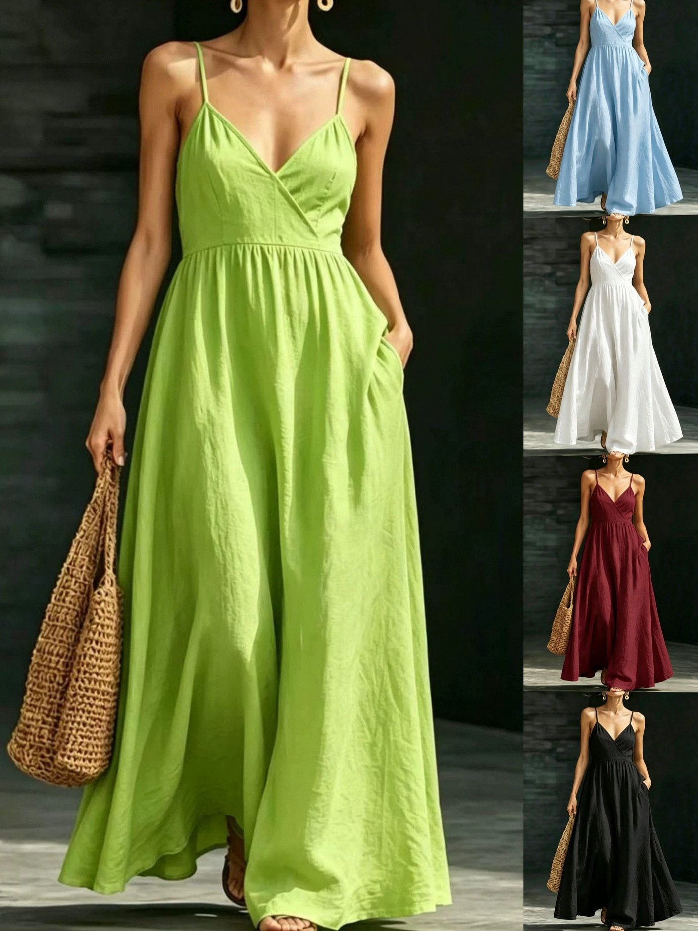 Summer V-Neck Spaghetti Strap Maxi Dress With Pockets