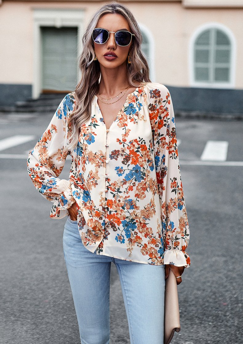 Floral Print V Neck Long Sleeve Blouse - Image 6