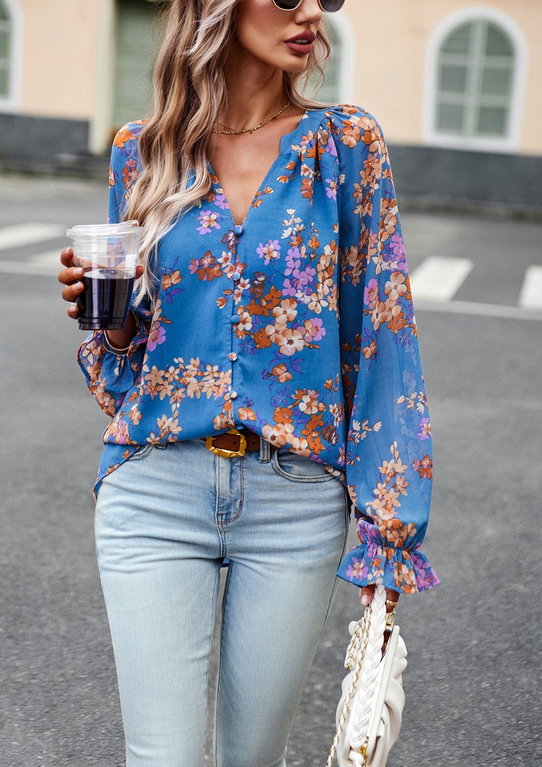 Floral Print V Neck Long Sleeve Blouse - Image 10