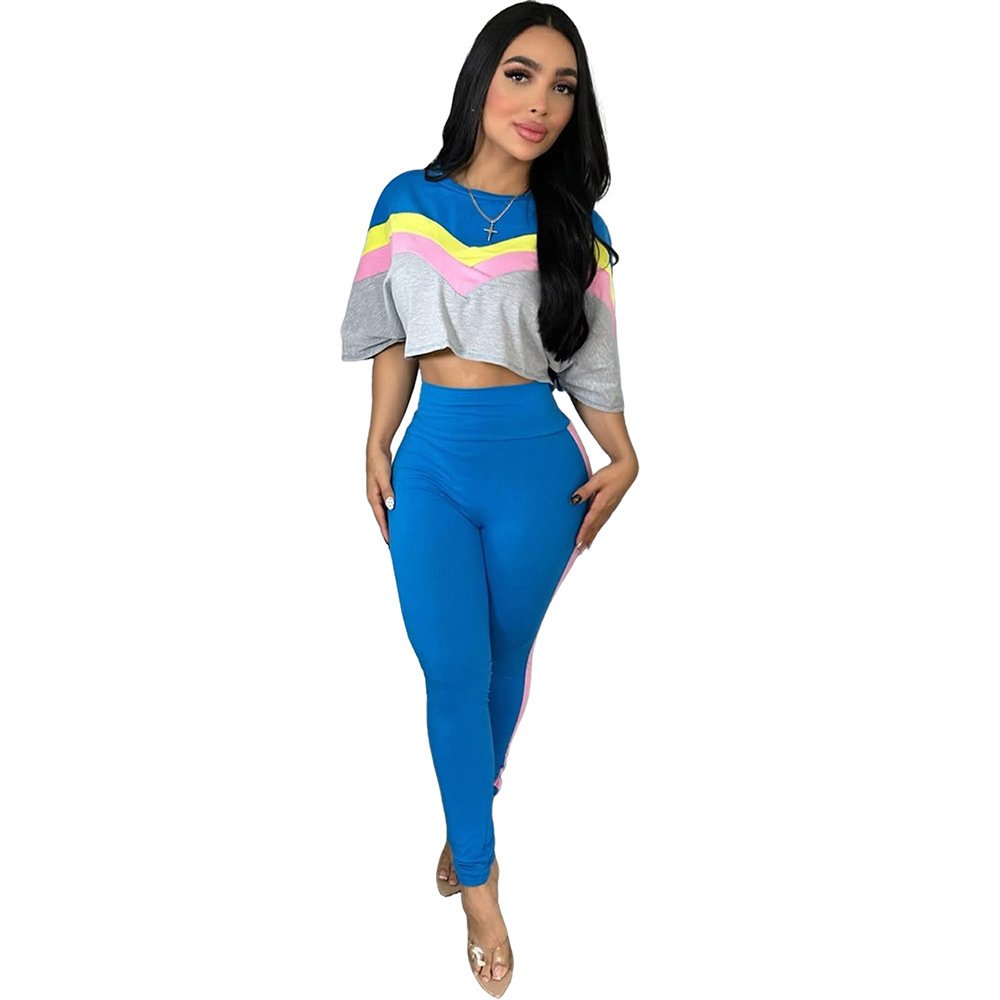 Color-block Crew-neck High-waisted Top And Pants Set - Image 2