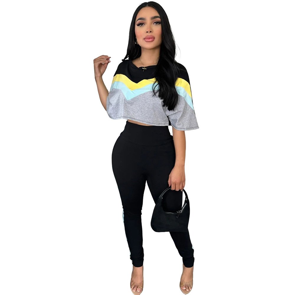 Color-block Crew-neck High-waisted Top And Pants Set - Image 3