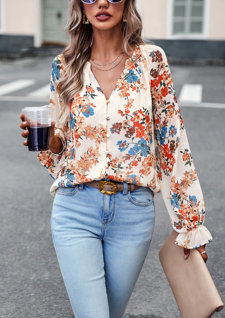 Floral Print V Neck Long Sleeve Blouse - Image 9