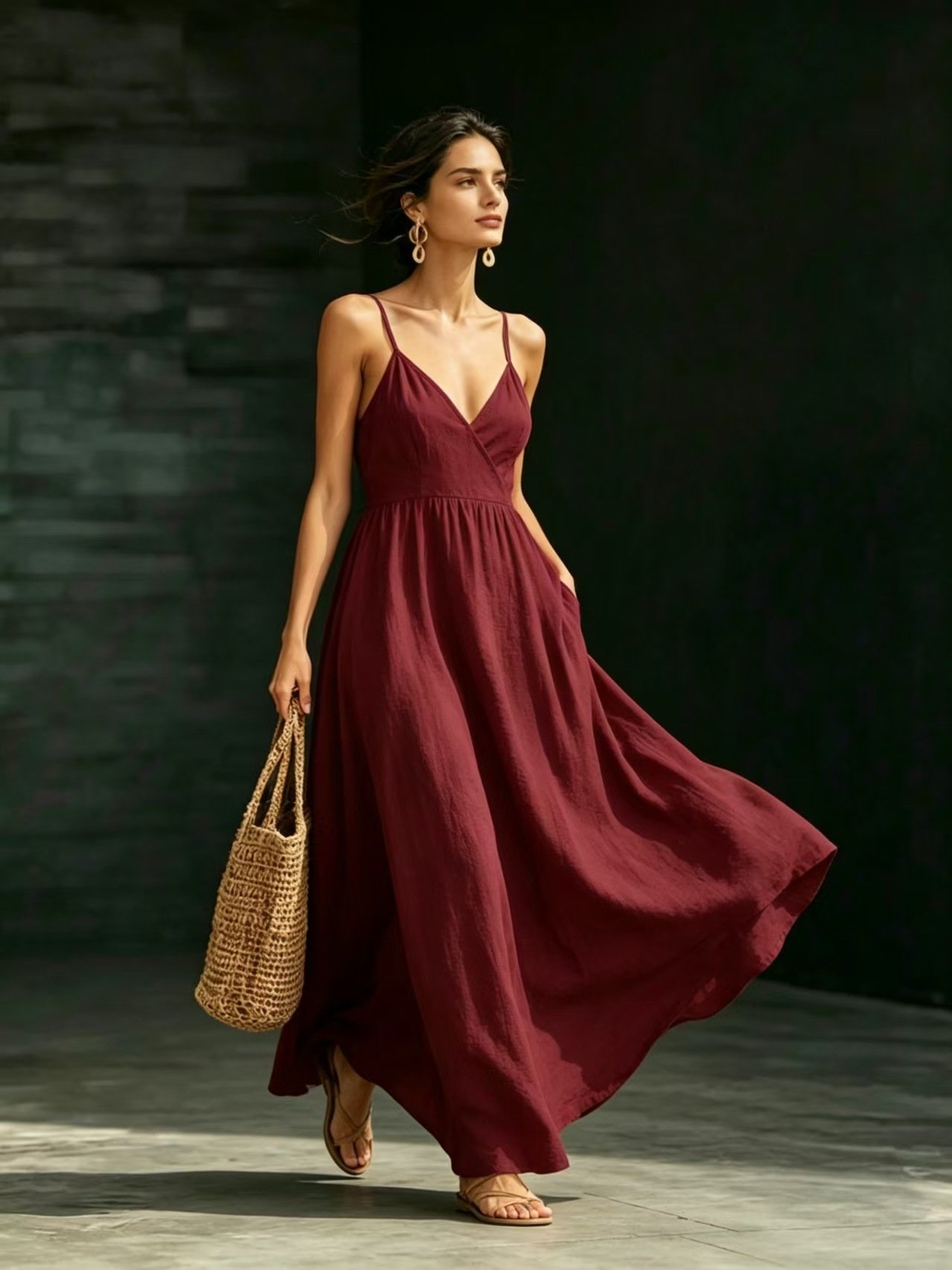 Summer V-Neck Spaghetti Strap Maxi Dress With Pockets - Image 5