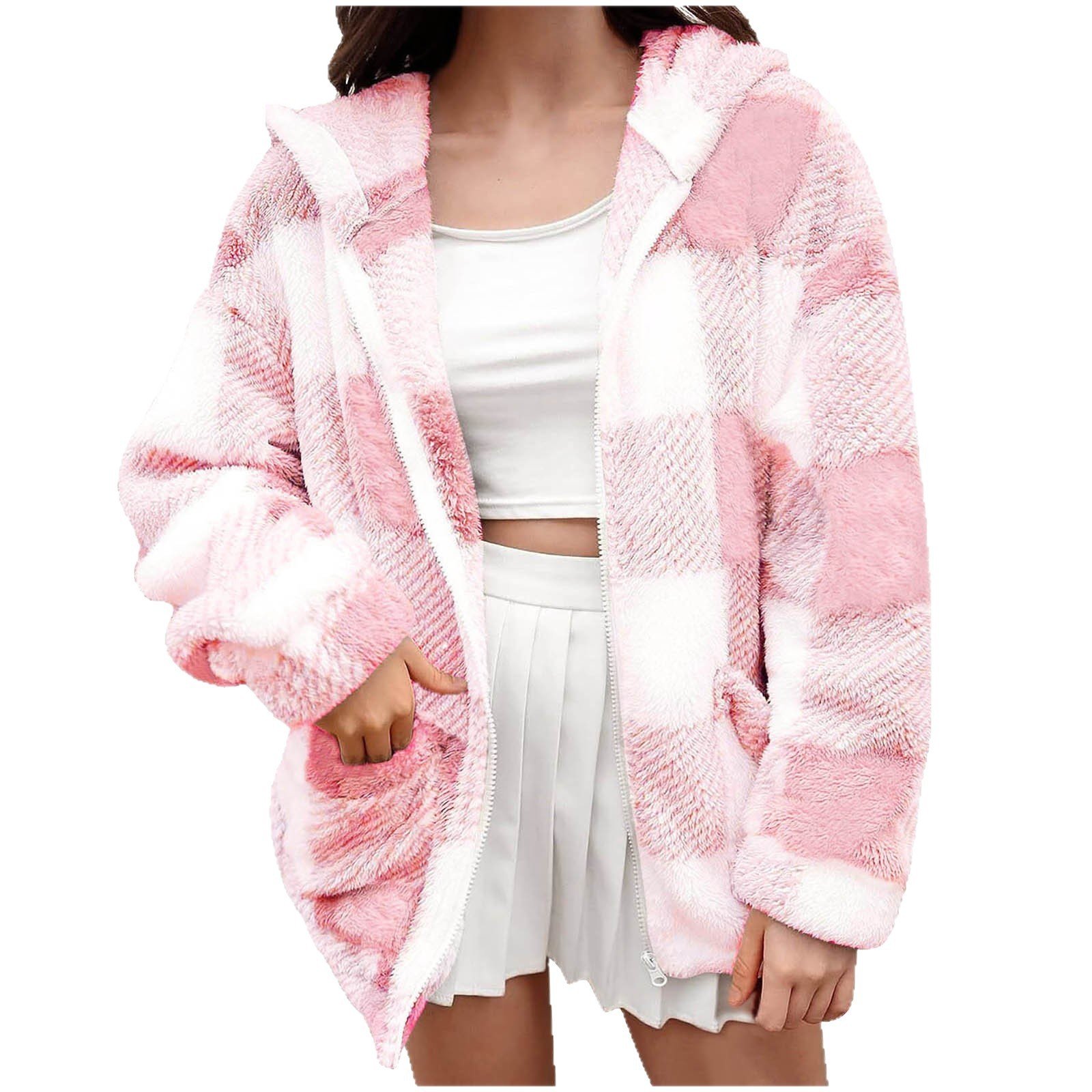Womens Plaid Loose-fit Casual Long-sleeve Hooded Jacket - Image 9