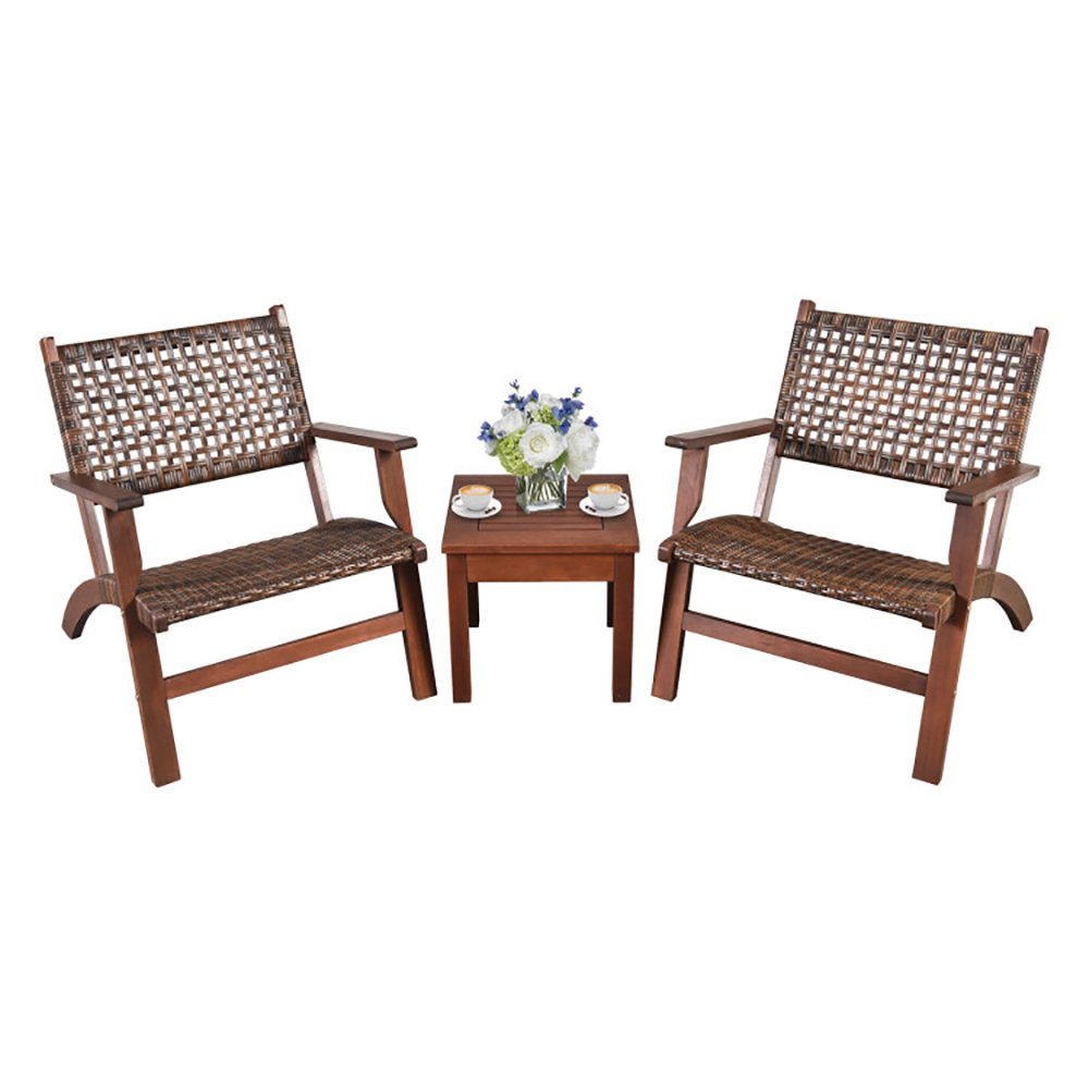 3 Pieces Outdoor Wooden Patio Rattan Furniture Set - Image 3
