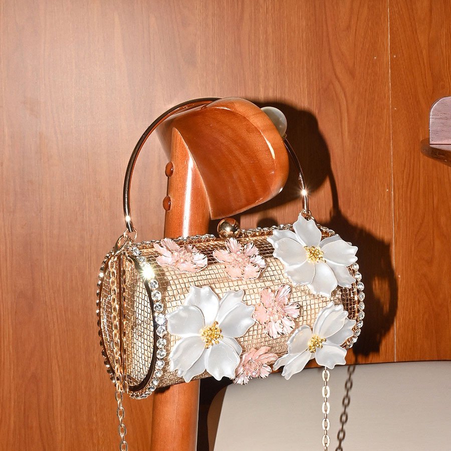 French-style Metal Flower Clutch With Diamonds And Pearls - Image 4