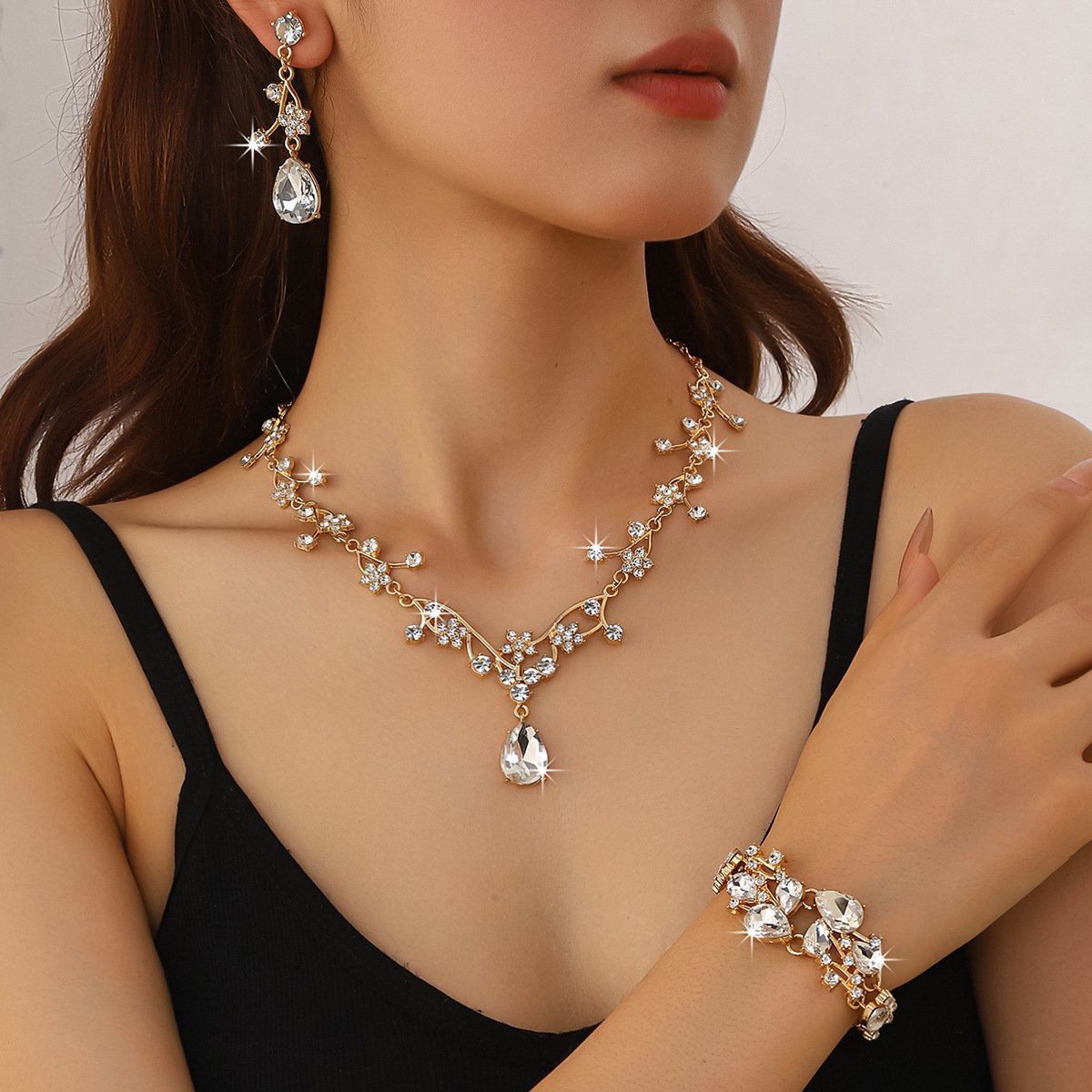 Vintage Leaf Floral Paved Cubic Zirconia Jewelry Set, Elegant Unique Premium Accessories For Evening Party Formal Gowns Women - Image 2