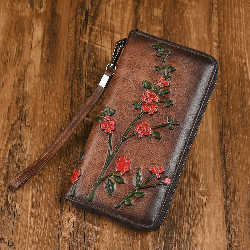 Genuine Leather Women's Long Wallet - Vintage Embossed Clutch Purse with Card Slots - European Style Handbag for Daily Use - Image 4